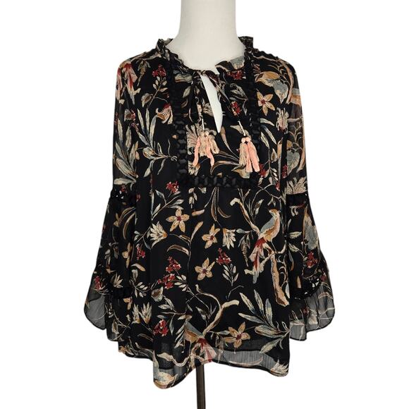 Anthropologie Maeve Odette Blouse Black Floral Bell Sleeves Crochet Women Medium - Picture 2 of 13